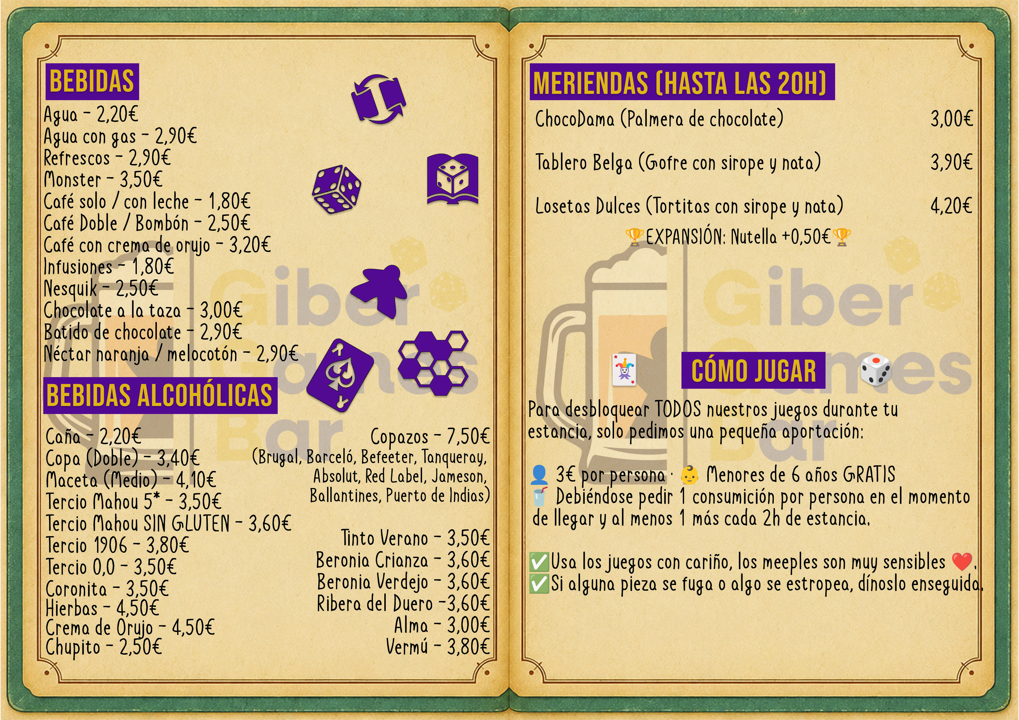 Carta de bebidas Giber Games Bar